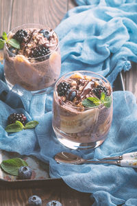 High angle view of ice cream in glass on table