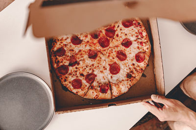 High angle view of pizza on table