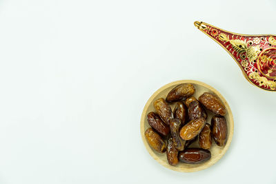 High angle view of fruit in bowl against white background