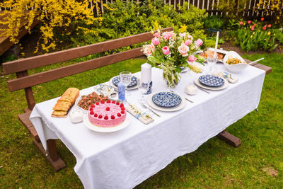 High angle view of cake served on table