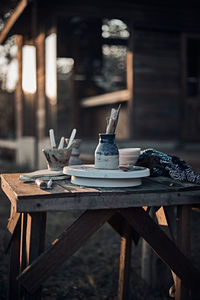 View of work tools in container on table