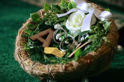 High angle view of ice cream in basket on table