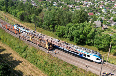 High angle view of train on railroad tracks