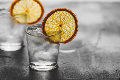 Close-up of drink in glass on marble