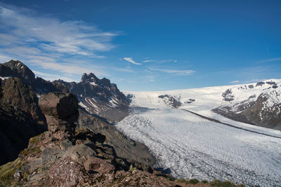 Scenic view of snowcapped mountains against blue sky