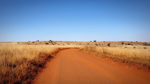 Dirt road amidst land against clear sky