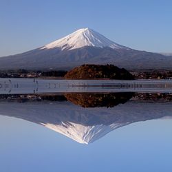 Scenic view of snowcapped mountains against clear blue sky