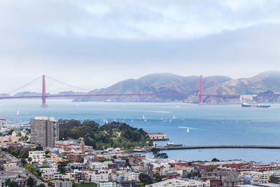 View of suspension bridge over sea