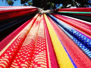 Directly below shot of multi colored hammock outdoors