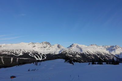 Scenic view of snowcapped mountains against blue sky