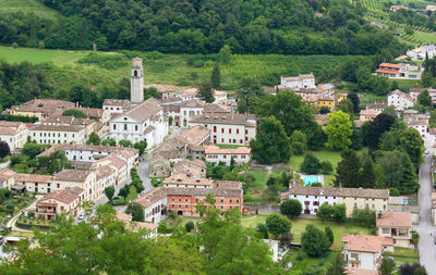 High angle view of buildings in town