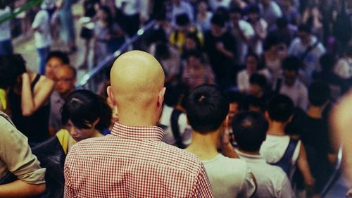 High angle view of people at subway station