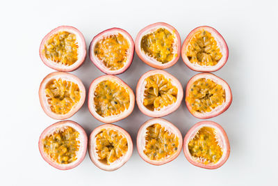 High angle view of food on table against white background
