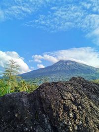 Scenic view of mountains against blue sky