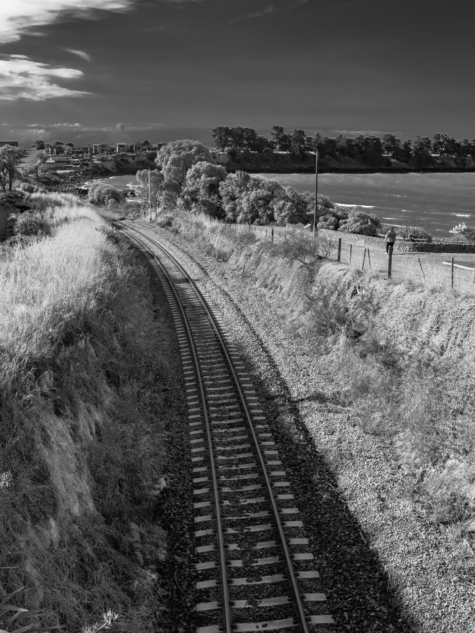 track, railroad track, rail transportation, transportation, black and white, sky, transport, monochrome, nature, railway, monochrome photography, plant, mode of transportation, cloud, the way forward, no people, day, travel, outdoors, land, tree, public transportation, landscape, vehicle, environment, vanishing point, high angle view, diminishing perspective, sunlight