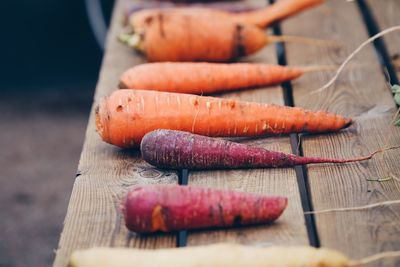 High angle view of purple and orange carrots laying on a wooden table outdoors 