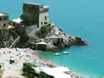 High angle view of buildings in sea