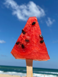 Close-up of orange leaf in sea against sky