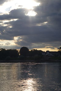 Scenic view of river against sky at sunset