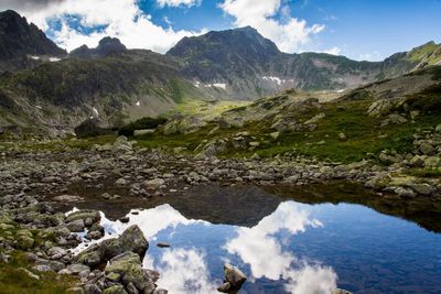 Scenic view of lake and mountains against sky