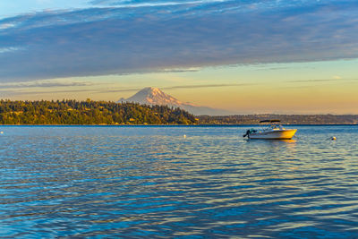 A view of mount rainier across the puget sound in burien, washington.,