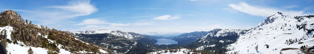 Panoramic view of mountains against sky during winter