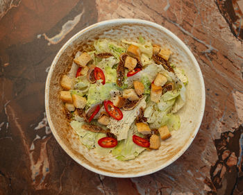 High angle view of food in plate on table