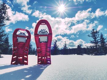 Snowshoes standing in snow against of snowy hills and mountains. winter walks with forests 