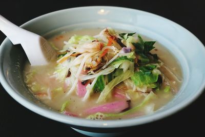 High angle view of soup in bowl