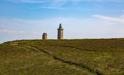 Lighthouse by building against sky