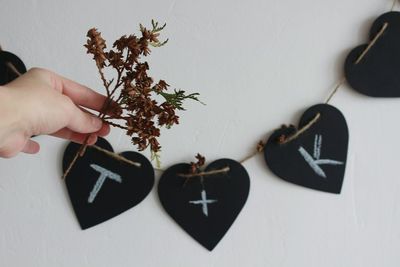 Cropped hand holding plant against heart shape bunting hanging on wall