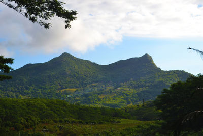 Scenic view of mountains against cloudy sky