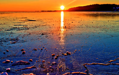 Scenic view of beach against sky during sunset