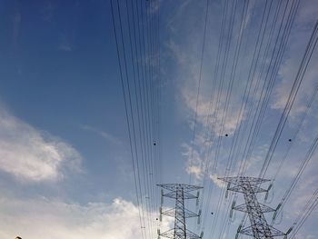 Low angle view of electricity pylon against sky