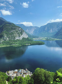 Scenic view of lake and mountains against sky