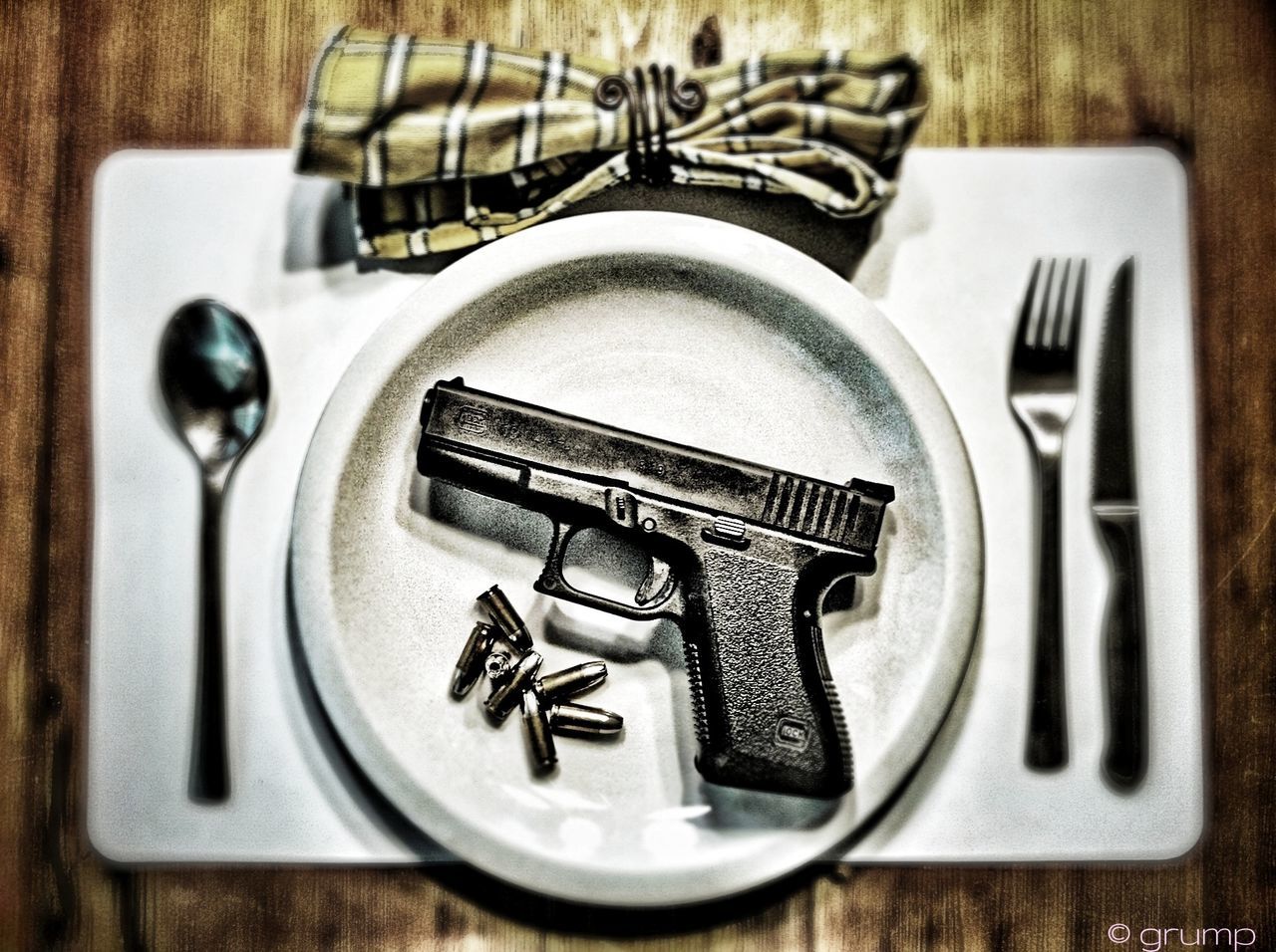 indoors, still life, table, close-up, high angle view, fork, directly above, retro styled, old-fashioned, technology, equipment, metal, kitchen utensil, no people, table knife, antique, spoon, wood - material, plate, music