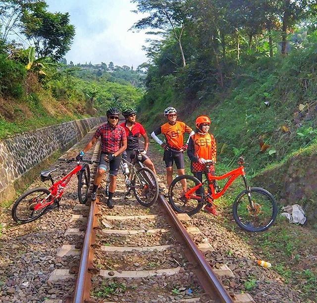 transportation, railroad track, tree, mode of transport, land vehicle, rail transportation, bicycle, travel, the way forward, sky, day, outdoors, stationary, high angle view, growth, nature, rock - object, no people, parked, parking