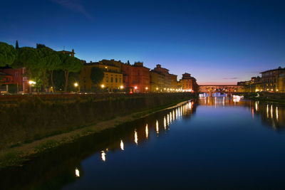 Illuminated buildings by river against sky at night