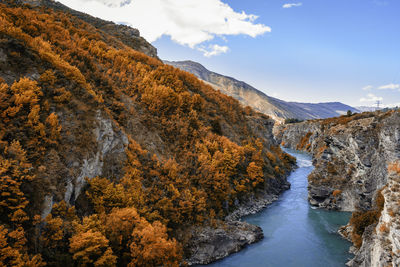 Scenic view of river amidst trees against sky during autumn