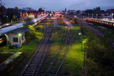 High angle view of train in city against sky