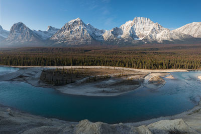 Scenic view of lake by mountains against sky