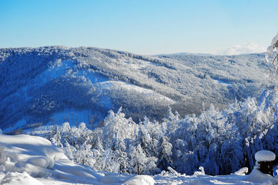 Scenic view of snow covered mountains against sky