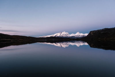 Scenic view of lake and mountains against sky