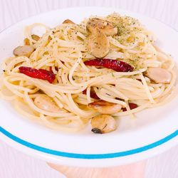 Close-up of pasta in plate on table