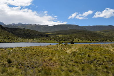 Lake against a panoramic mountain landscapes of mount kenya, lake ellis in mount kenya