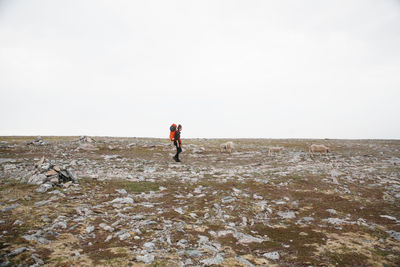 Rear view of woman walking on beach against sky