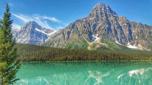 Panoramic view of lake and mountains against sky