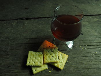 High angle view of drink on table