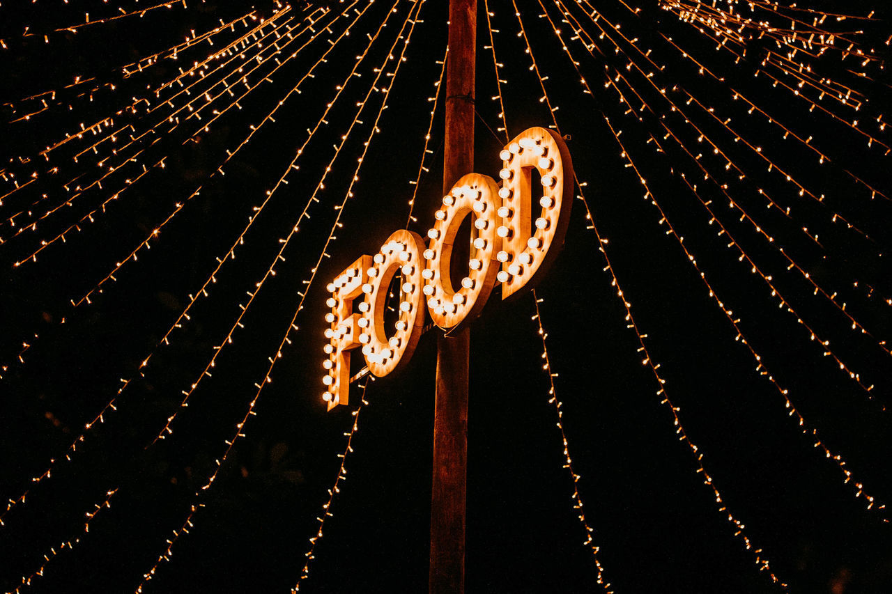 LOW ANGLE VIEW OF ILLUMINATED LANTERNS AT NIGHT