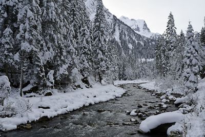 Scenic view of snow covered mountains against sky